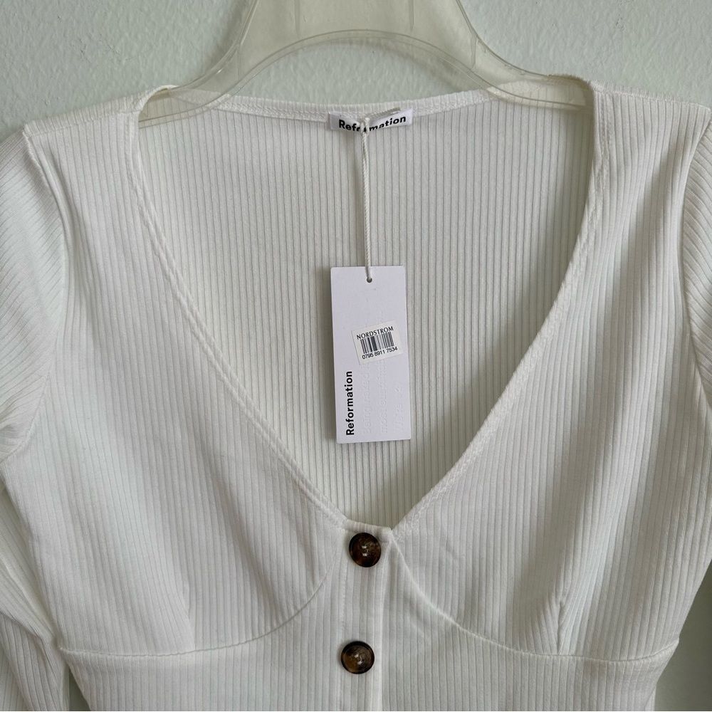 Reformation Virgil Top L Ribbed Long Sleeve Bustier Vibe Button Front Feminine - Picture 4 of 12